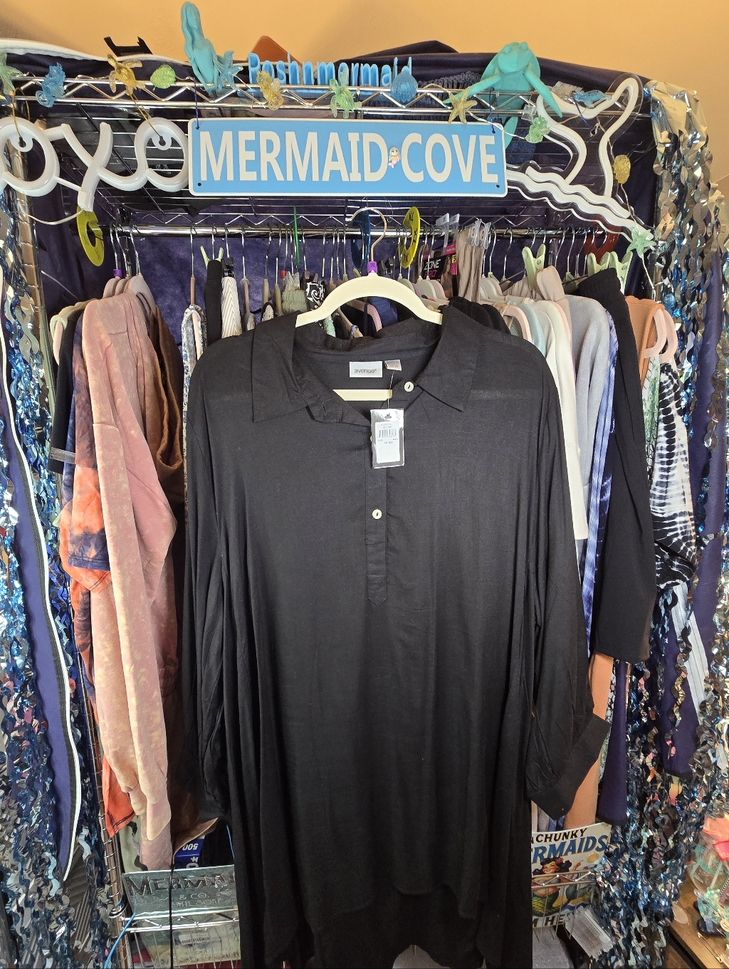 #0599 22/24 Nwt Avenue Black Tunic 3/4 Slv 3 Buttons Hi Low 27.5"Ptp 32.25-39"L